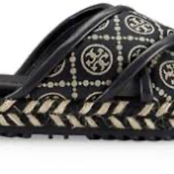 The T Monogram Espadrille Slide is trimmed in fine leather  NIB Tory Burch T Monogram Cross Espadrille Slide Sandal NAVY